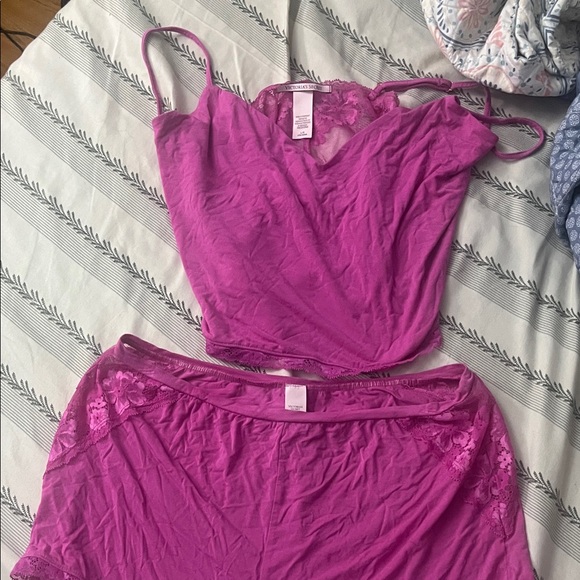 Victoria's Secret Other - Victoria's Secret Pink Lace Trim Pajama Set